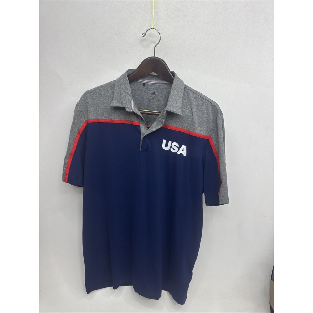 Adidas Polo Shirt Mens L Blue Gray USA Olympic Sports Logo Performance Golf